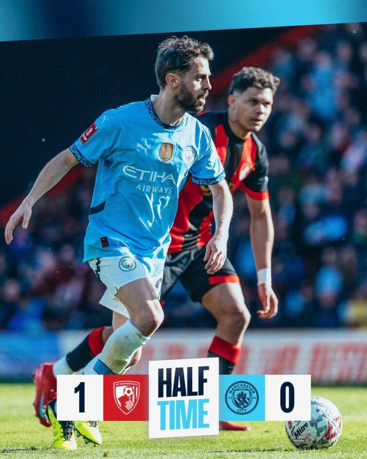  半場-曼城暫0-1伯恩茅斯 哈蘭德失點&失單刀努內(nèi)斯失誤致丟球