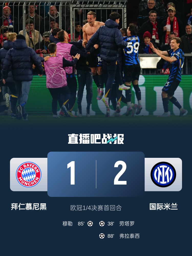  2-1占得先機(jī)！國米送給拜仁4年來歐冠主場首敗